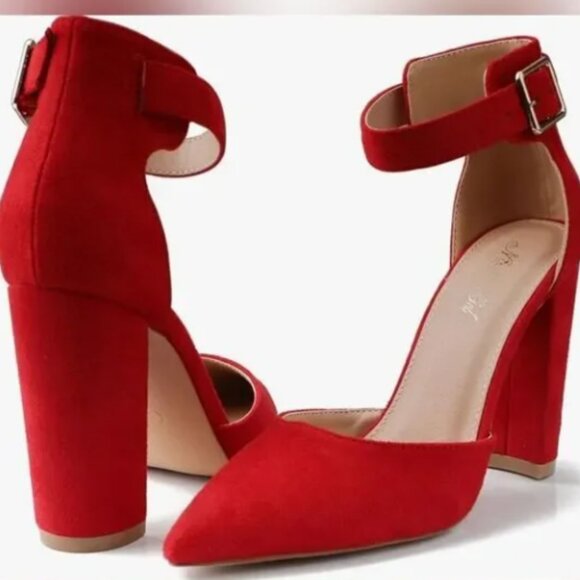 Women's Chunky High Heel Pointed Closed Toe Pump Shoe Red - Picture 1 of 2
